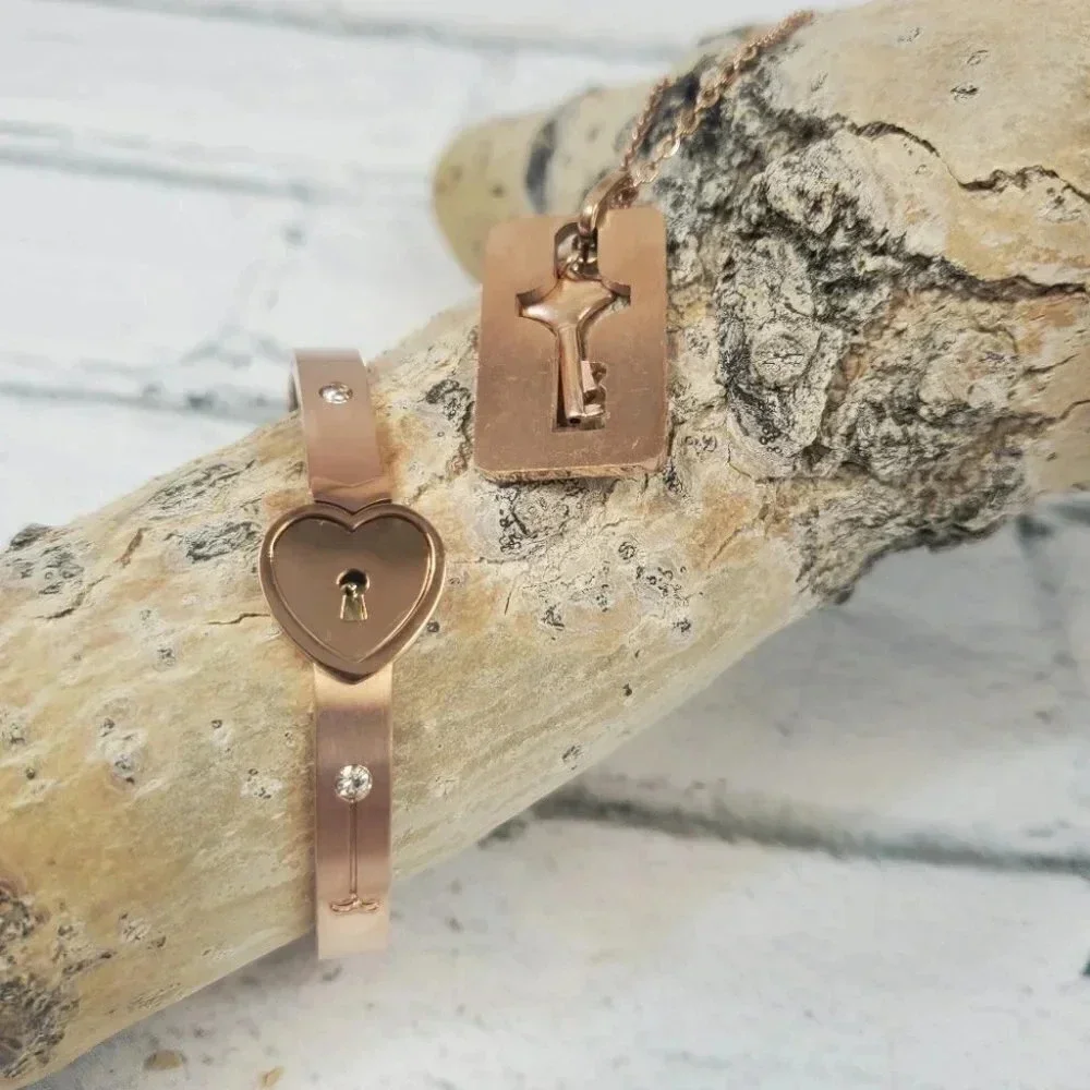 Rose Gold Lock and Key Bracelet and Necklace Couples Jewelry